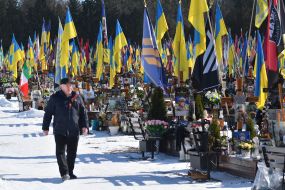 The graves of fallen Ukrainian defenders at the Lychakiv Cemetery in Lviv.
