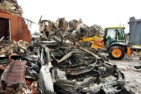 Destroyed residential buildings on Sofiivska Borshchahivka