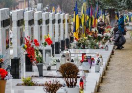 Graves of fallen Ukrainian defenders on the Hill of Glory in Uzhhorod