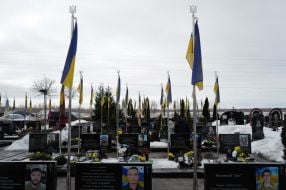 Graves of fallen soldiers at the city cemetery in Bucha