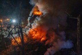 Fire at the site of a Russian missile hitting a five-story residential building in the Kyivskyi district of Kharkiv