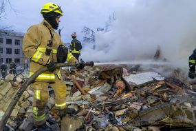 Fire extinguishing at the site of a Russian missile hitting a five-story residential building in the Kyivskyi district of Kharkiv