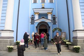 People near St. Michael's Cathedral in Kyiv