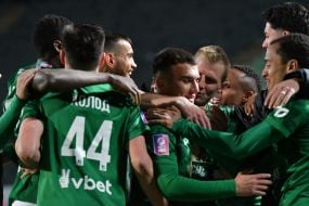 Игроки ФК "Карпаты" радуются забитому голу