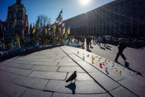 An improvised memorial to the fallen Ukrainian soldiers in Kyiv