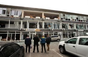 A 3-story non-residential building damaged by a rocket attack  in Kyiv