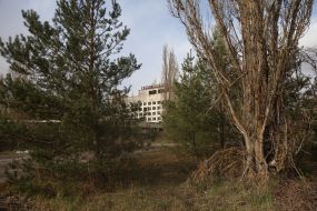 The dilapidated building of the Polissya Hotel in Pripyat