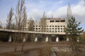 The dilapidated building of the Polissya Hotel in Pripyat