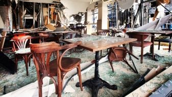 Business center damaged by shelling in Kyiv