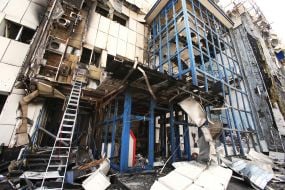 Business center damaged by shelling in Kyiv