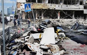 Business center damaged by shelling in Kyiv