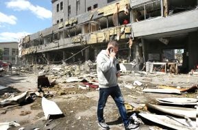 Business center damaged by shelling in Kyiv