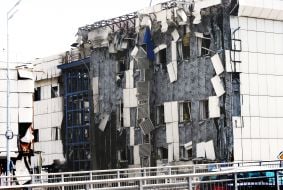 Business center damaged by shelling in Kyiv