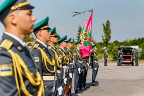 Honor guard during the solemn ceremony of meeting the coffin with the ashes of the colonel of the UNR Army and the leader of the OUN Andriy Melnyk