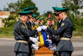 Honor guard during the solemn ceremony of meeting the coffin with the ashes of the colonel of the UNR Army and the leader of the OUN Andriy Melnyk