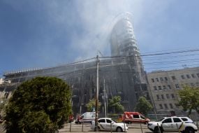 A damaged business center building in Kyiv