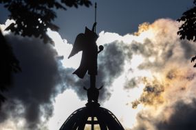 Statue of Archangel Michael on the dome of the Arkada Bank head office building on Olginska Street in Kyiv