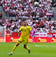 Игровой момент матча между сборными  Польши и Украины
