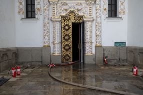 Fire hose near the door of the Assumption Cathedral of the Kyiv Pechersk Lavra