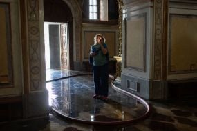 The floor of the Assumption Cathedral of the Kyiv Pechersk Lavra is flooded with water