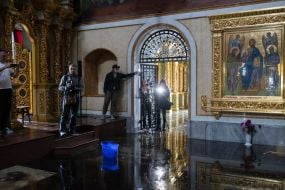 The floor of the Assumption Cathedral of the Kyiv Pechersk Lavra is flooded with water