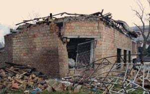 A destroyed building on the territory of the Oleksandr Dovzhenko National Film Studio in Kyiv