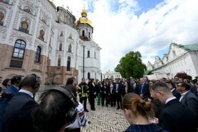 Foreign ambassadors inspect the damaged Assumption Cathedral of the Kyiv Pechersk Lavra after a nighttime Russian attack