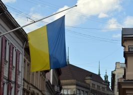 The Ukrainian flag on a building in Lviv