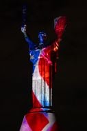 The Batkivshchyna-Mati monument in the colors of the American flag