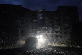 Partially destroyed high-rise building as a result of the delivery of a Russian missile in the Podilskyi district of Kyiv