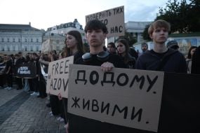 Participants of the open installation in memory of the fourth anniversary of the terrorist attack in Olenivka on Mykhailivska Square in Kyiv