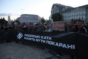 Participants of the open installation in memory of the fourth anniversary of the terrorist attack in Olenivka on Mykhailivska Square in Kyiv