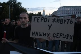 Participants of the open installation in memory of the fourth anniversary of the terrorist attack in Olenivka on Mykhailivska Square in Kyiv