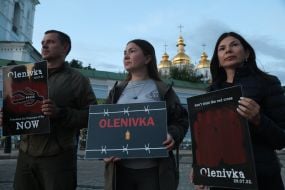 Participants of the open installation in memory of the fourth anniversary of the terrorist attack in Olenivka on Mykhailivska Square in Kyiv