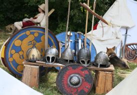 Medieval knightly helmets and swords