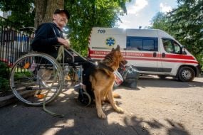 A man evacuated from the Shevchenkivska community of the Kupyanskyi district in a wheelchair with a shepherd dog on a leash at the IDP reception point in Kharkiv