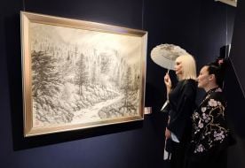 Visitors near Yasuda Kyoshin's painting "Memory of the Native Mountain"