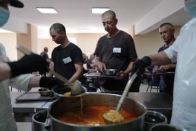 Prisoners of war in the dining room in one of the special camps for holding Russian prisoners of war