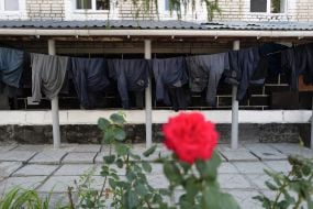 Clothes are drying on a line in one of the special camps for holding Russian prisoners of war