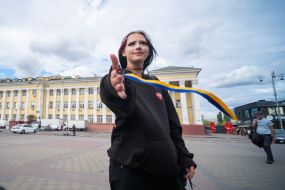 A girl with a yellow and blue ribbon in Kyiv