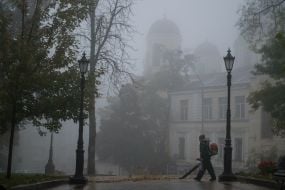Працівник комунального господарства із садовим пилососом для листя