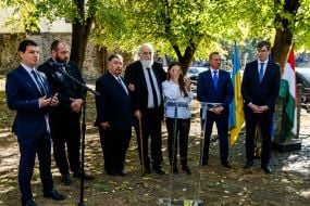 Participants in the unveiling of a monument to Imre Nagy, leader of the 1956 Hungarian Revolution