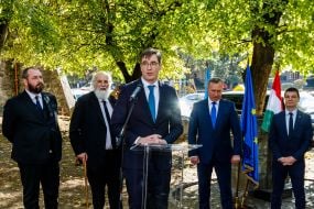 Participants in the unveiling of a monument to Imre Nagy, leader of the 1956 Hungarian Revolution