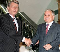 Виктор Ющенко и Лех Качиньский здороваются во время встречи в с. Гута Ивано-Франковской области. 9 июля