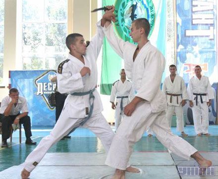 Украинские военные принимают участие в открытом чемпионате аэромобильных войск по рукопашному бою по случаю 15-й годовщины со дня создания аэромобильных войск ВСУ, 28 июля 2007 г.