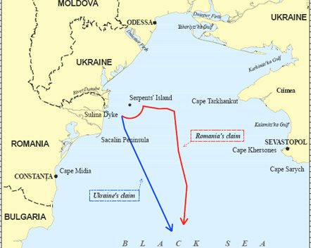 Карта 1. Синим обозначено предложение о делимитации Украины, красным – предложение Румынии.