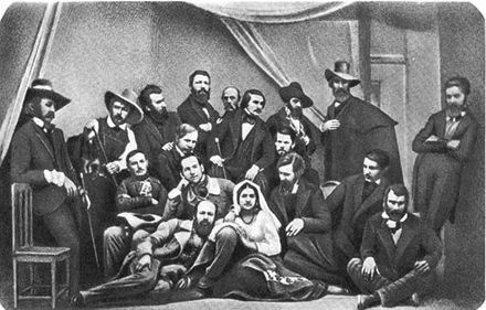 Н.В. Гоголь в группе русских художников в Риме. Сергей Левицкий, Рим, 1845, ателье Perrot