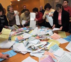 Члены избирательной комиссии складывают бюллетени для голосования на одном из избирательных участков в Донецке