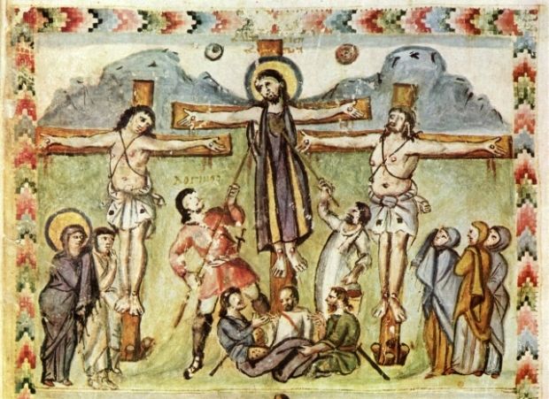 Евангелие Рабулы, 586 г. Одно из самых ранних изображений сцены распятия.