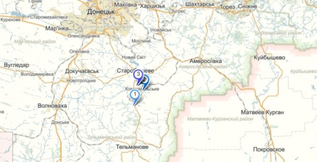 Позначки на карті: 1- Василівка, 2-Комсомольське 3 - Роздільне Позначки на карті: 1- Василівка, 2-Комсомольське 3 - Роздільне